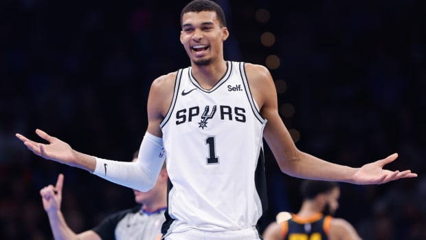 Nov 14, 2023; Oklahoma City, Oklahoma, USA; San Antonio Spurs center Victor Wembanyama (1) reacts after receiving a technical during the second quarter against the Oklahoma City Thunder at Paycom Center. Mandatory Credit: Alonzo Adams-USA TODAY Sports  